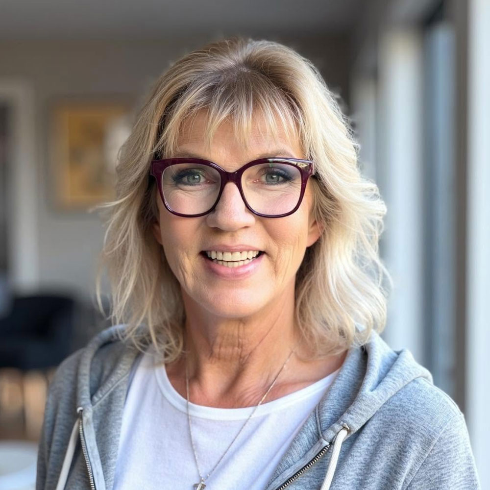 Smiling middle-aged woman with blonde hair and burgundy glasses, wearing a gray zip hoodie indoors.